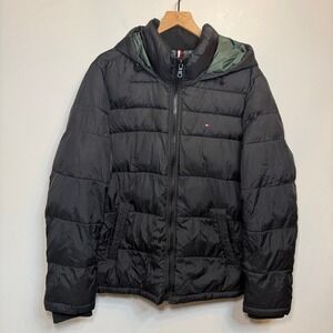 Tommy Hilfiger Men's Black Hooded Puffer Jacket Size Large Full Zip RN54163